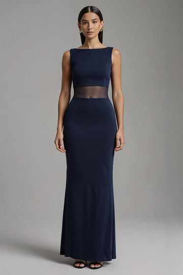 Robe formelle maxi à col bateau sirène bleu marine